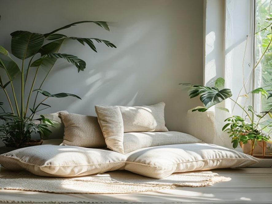 A calm natural space with soft light, suggesting peaceful breathing practice