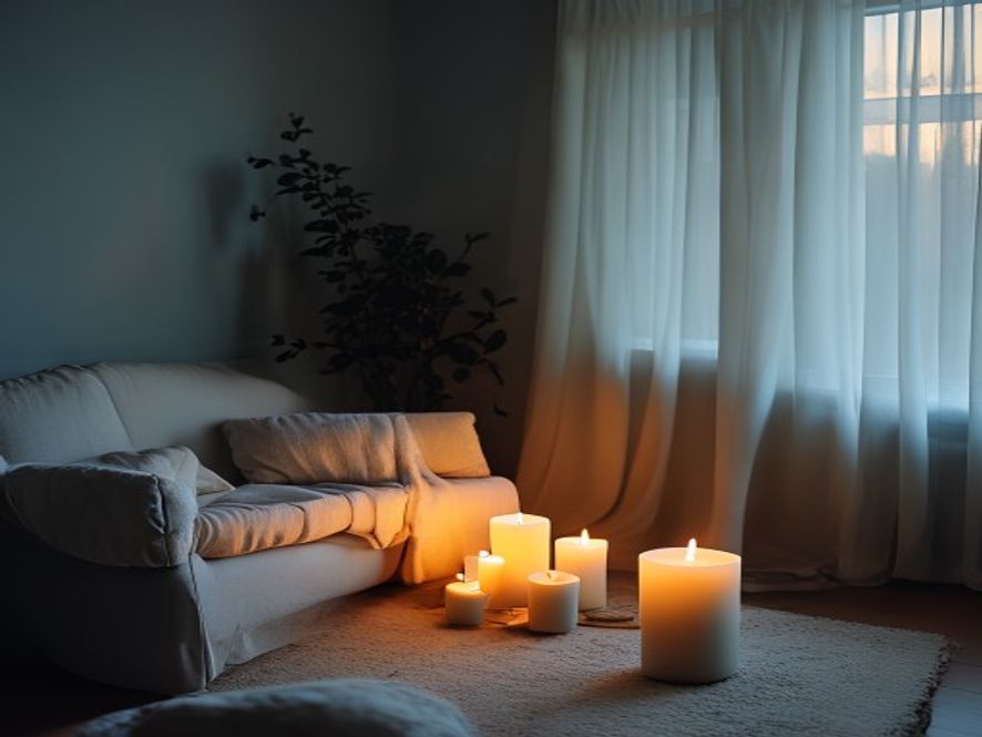 A soft-lit room with candles and comfortable seating, evening ambiance