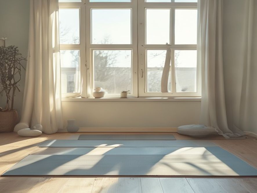 A peaceful room with yoga mat and stretching props organised neatly